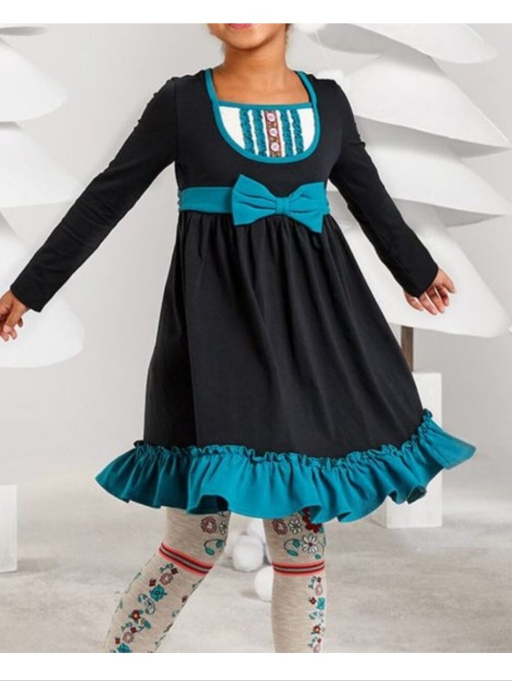 Matilda Jane Girls' Teal-Trim Navy Long-Sleeve Sense Of Wonder Dress